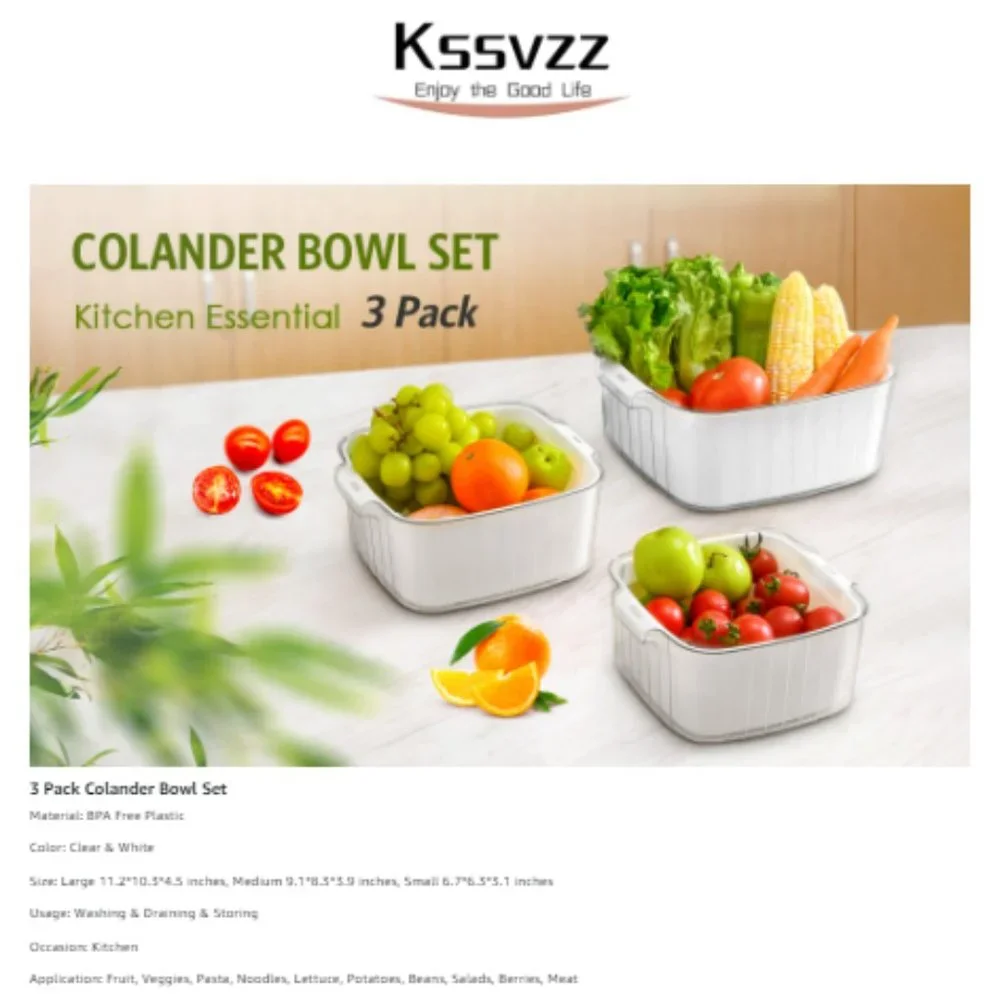3 pk / 3 Sizes - Combo 2-in-1 Kitchen Gadget Colander/Bowl Set